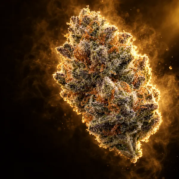 Bereifte Cannabisblüte in goldenem Licht, direkt nach der Ernte eingefroren