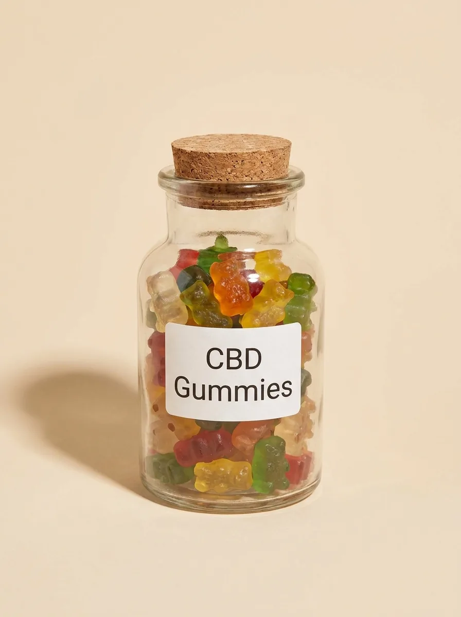 Vergleich zweier Konsumformen: Fruchtgummis neben getrockneten Cannabisblüten auf hellem Untergrund
