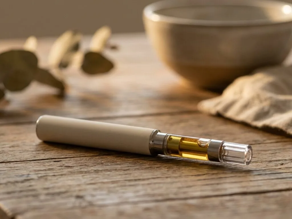 thc vape — plan d'ouverture éditorial, sujet net au premier plan, profondeur de champ courte, lumière naturelle rasante, fond contextuel discret