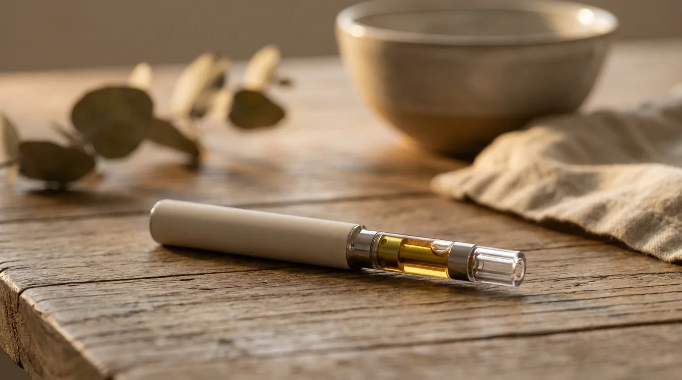 thc vape — plan d'ouverture éditorial, sujet net au premier plan, profondeur de champ courte, lumière naturelle rasante, fond contextuel discret