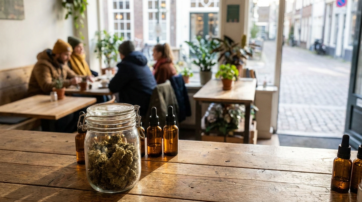 coffeeshop — plan d'ouverture éditorial, sujet net au premier plan