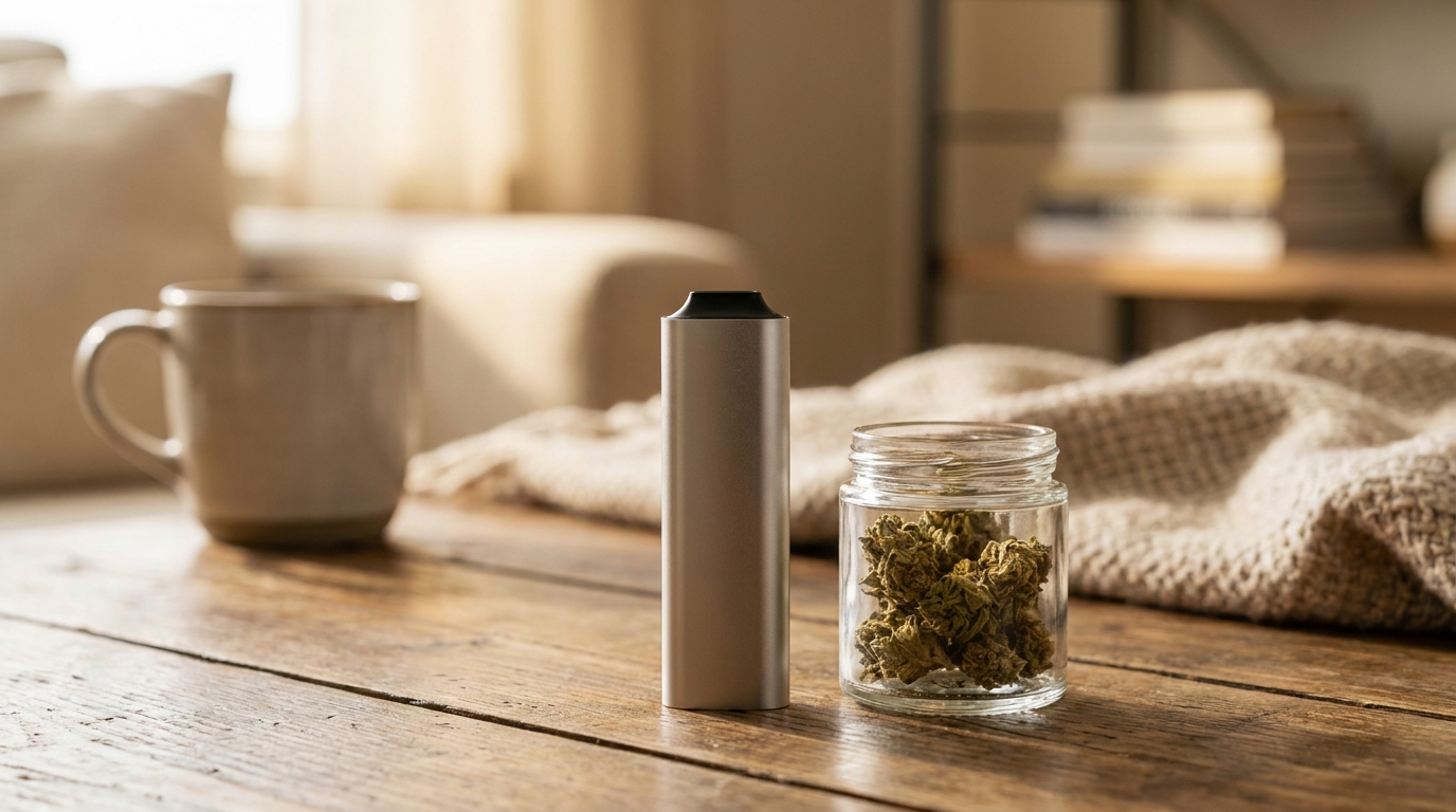 Tragbarer Vaporizer für Hanfblüten mit geöffneter Kräuterkammer und Temperaturanzeige