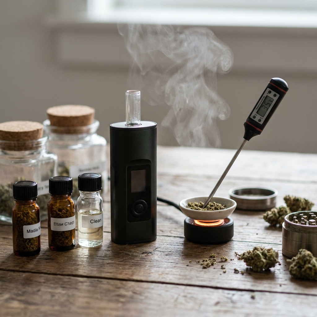 Infografik: Siedepunkte von THC, CBD, CBN und Terpenen im Vaporizer-Temperaturfenster 160–210 °C