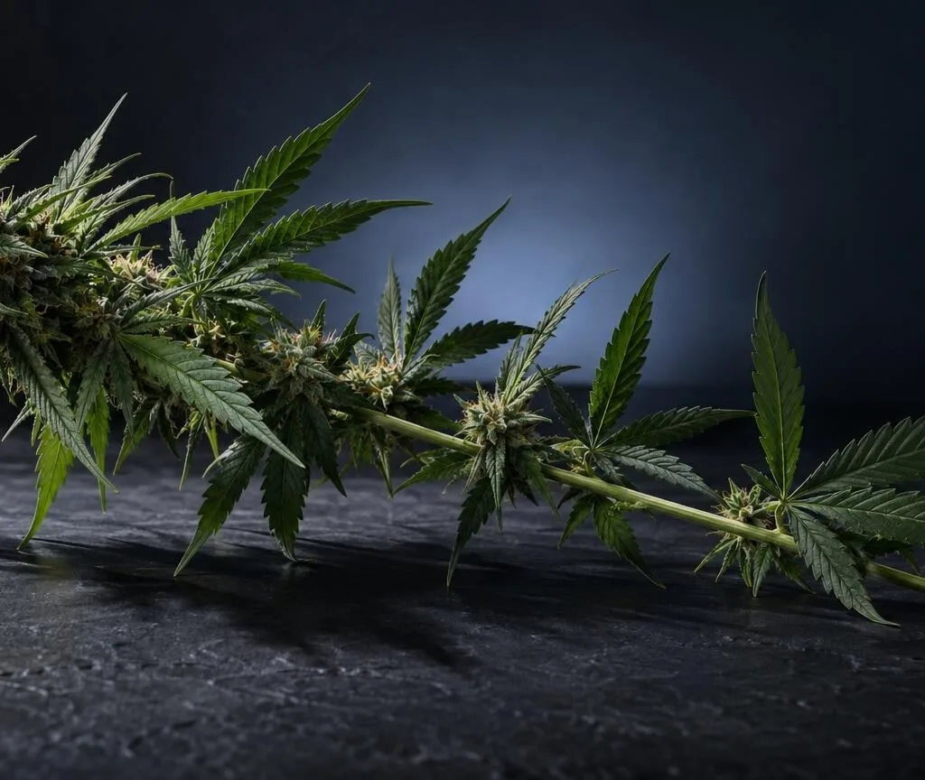 Getrocknete Cannabisblüten und Blätter auf dunklem Untergrund, Illustration zum Thema THC-Metaboliten