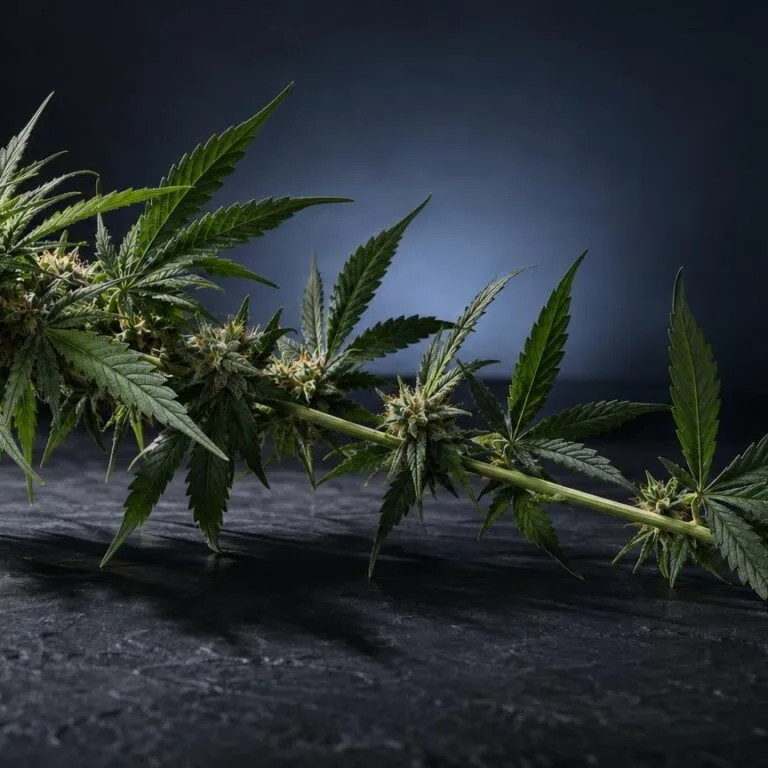 Getrocknete Cannabisblüten und Blätter auf dunklem Untergrund, Illustration zum Thema THC-Metaboliten