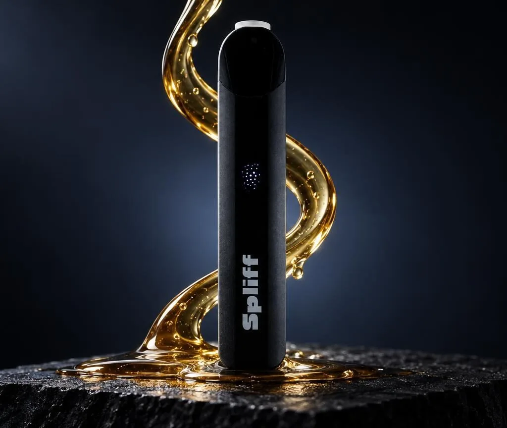 Schwarzes, zylindrisches Vape-Gerät Magic Vape auf Stein mit goldenen Flüssigkeitseffekten, dunkelblauer Hintergrund