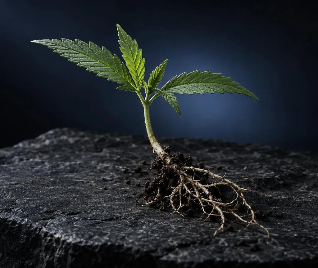 Junge Pflanze mit Keimblättern und Wurzeln auf dunklem Untergrund, symbolisiert das Thema 420 Bedeutung