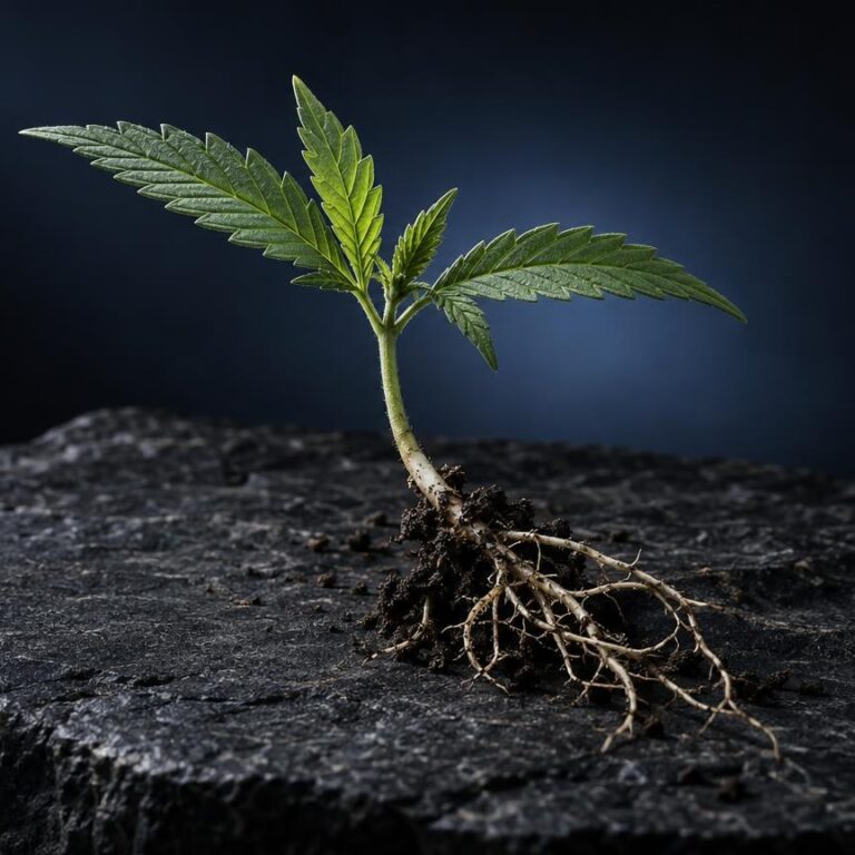 Junge Pflanze mit Keimblättern und Wurzeln auf dunklem Untergrund, symbolisiert das Thema 420 Bedeutung