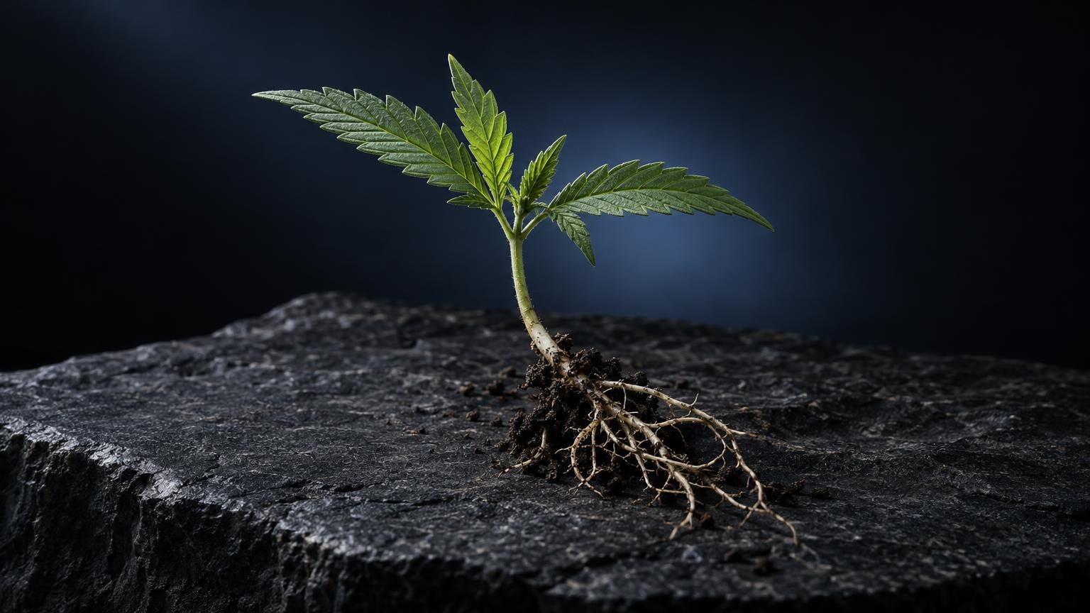 Junge Pflanze mit Keimblättern und Wurzeln auf dunklem Untergrund, symbolisiert das Thema 420 Bedeutung