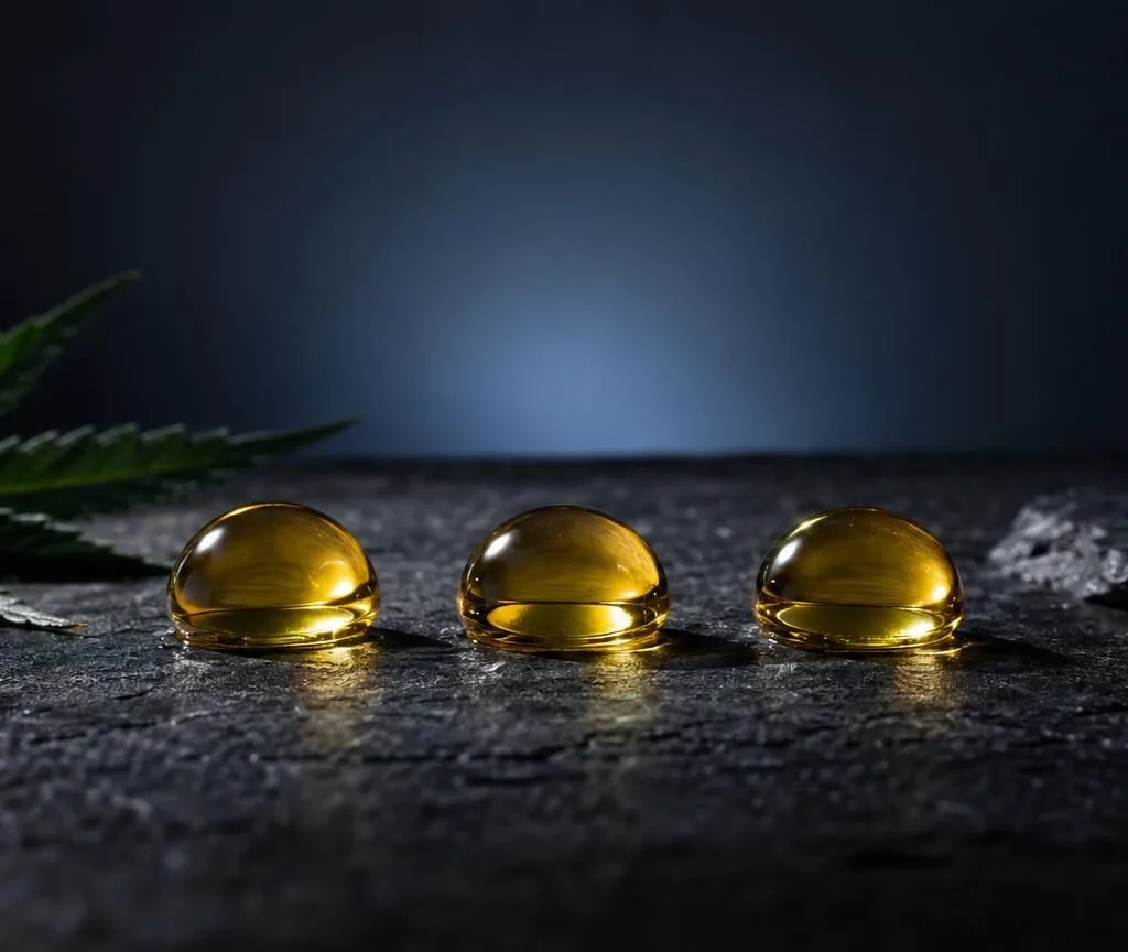 Drei goldgelbe Öltropfen neben grünem Hanfblatt auf dunklem Untergrund, symbolisierend die Herkunft von Bio CBD Öl