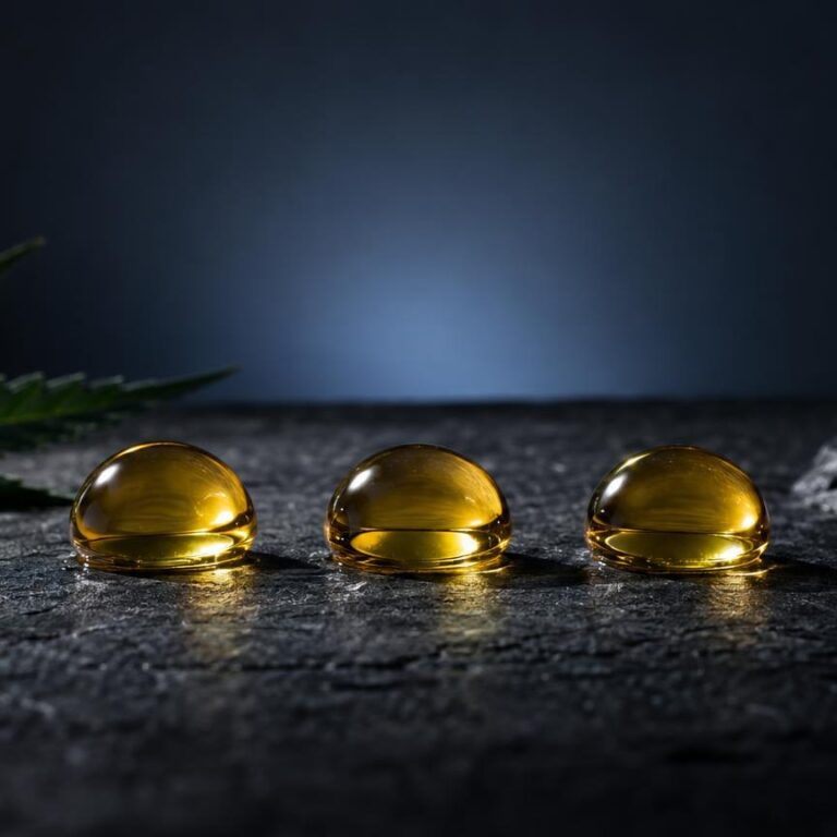 Drei goldgelbe Öltropfen neben grünem Hanfblatt auf dunklem Untergrund, symbolisierend die Herkunft von Bio CBD Öl