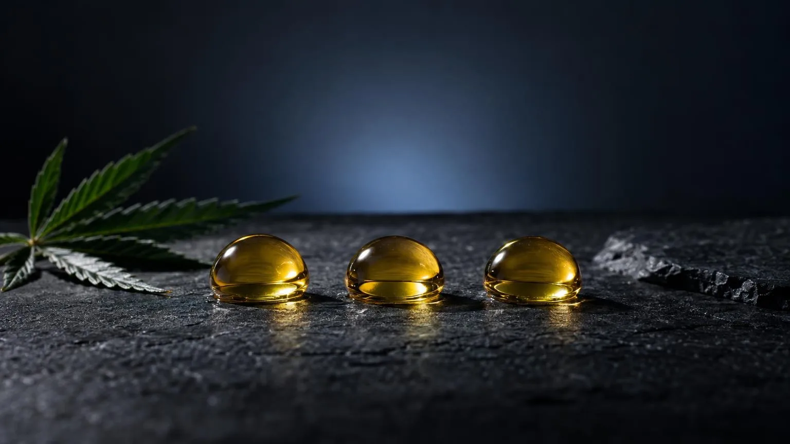 Drei goldgelbe Öltropfen neben grünem Hanfblatt auf dunklem Untergrund, symbolisierend die Herkunft von Bio CBD Öl