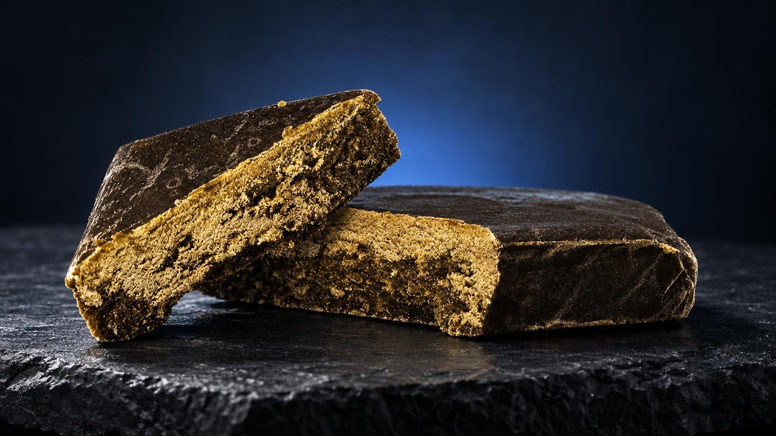 Drei braun-goldene, kompakte Blöcke mit poröser Textur nebeneinander auf dunklem Untergrund, Bubble Hash Produkt