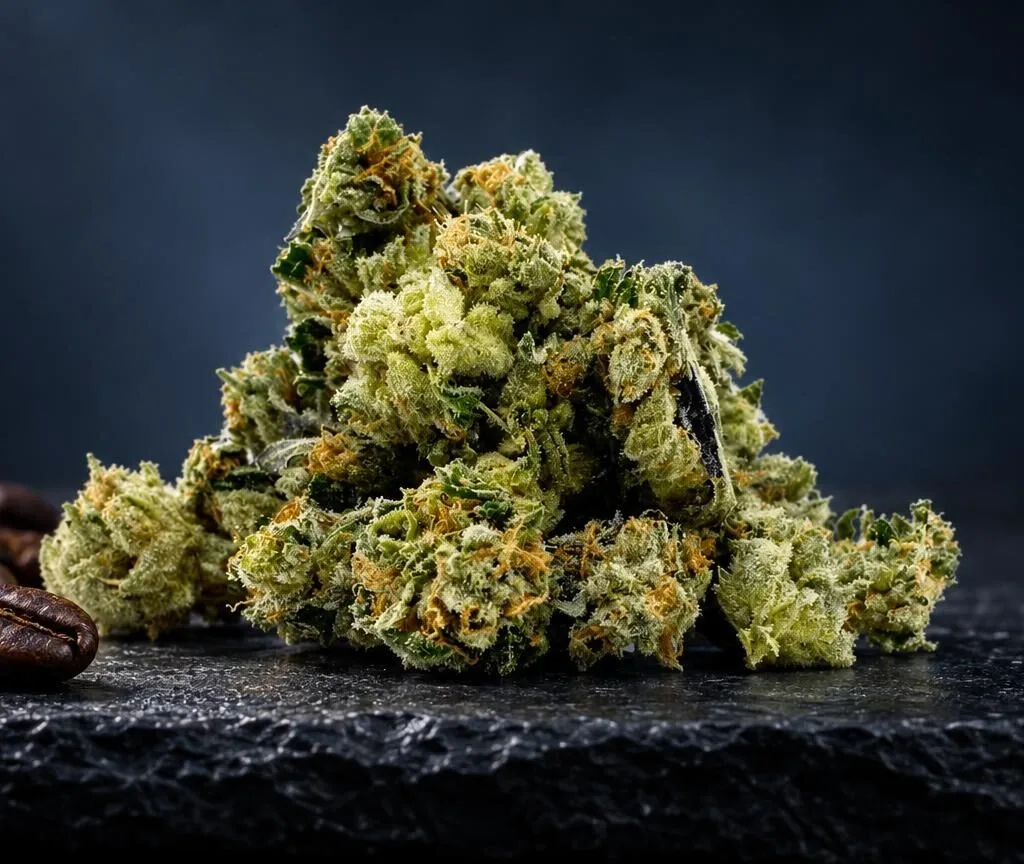Grüne, dicht strukturierte Cannabis Buds mit feinen Härchen auf dunklem Untergrund, daneben braune Samen