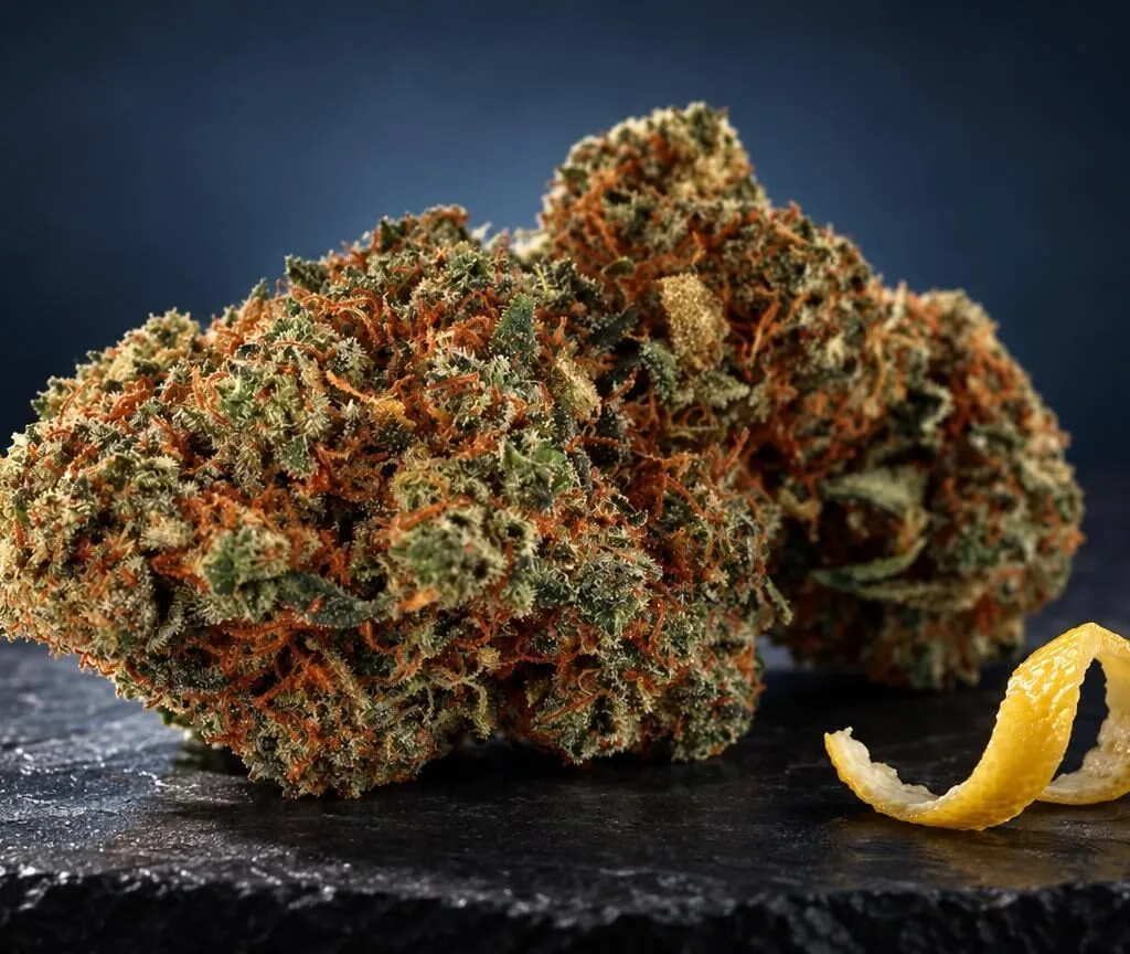 Super Lemon Haze Blüte mit dichten Trichomen, grüne und orange Färbung, daneben gelbe Zitronenschale