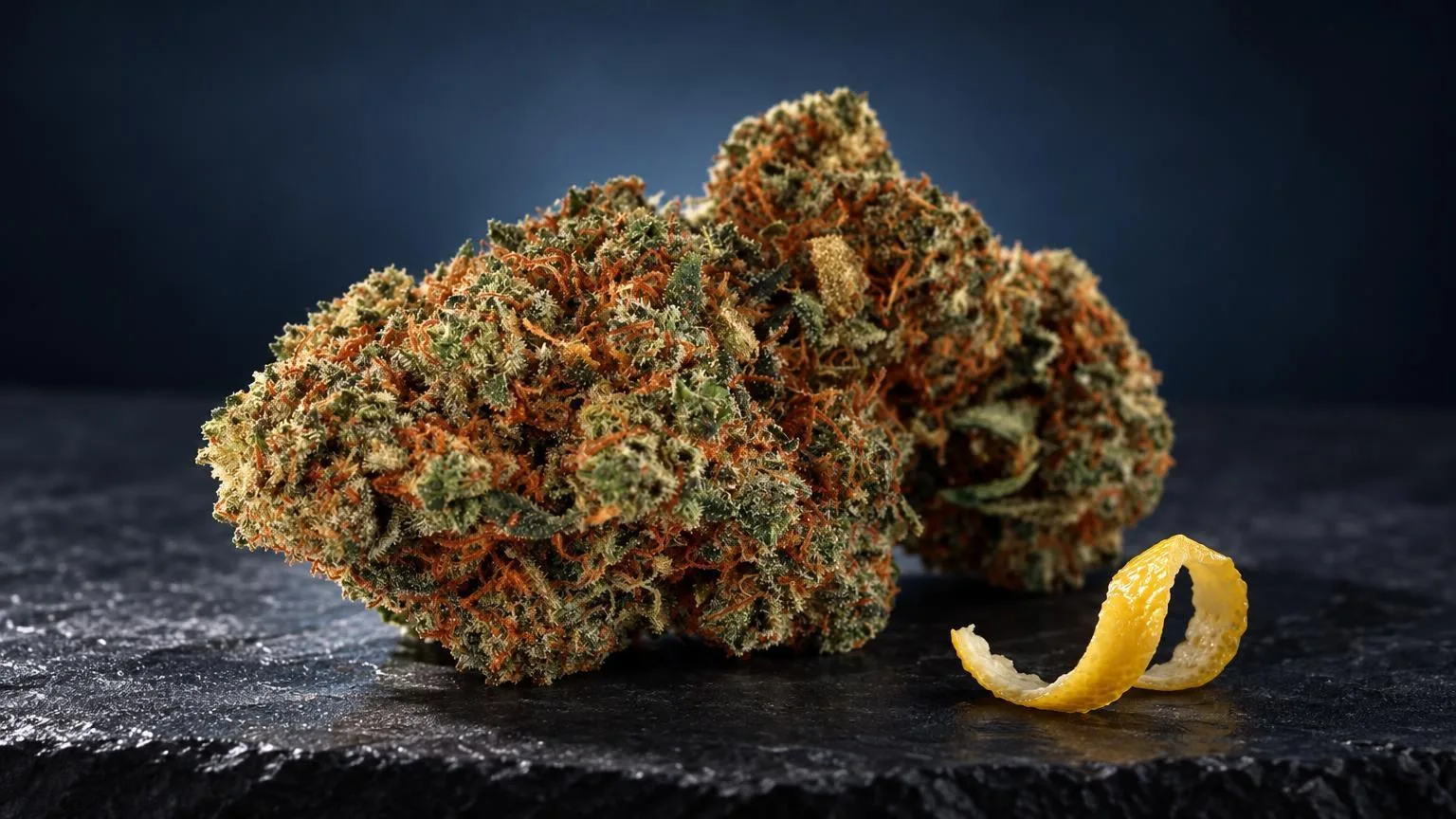 Cannabis-Trichome: super Lemon Haze BlĂŒte mit dichten Trichomen, grĂŒne und orange FĂ€rbung, daneben gelbe Zitronenschale