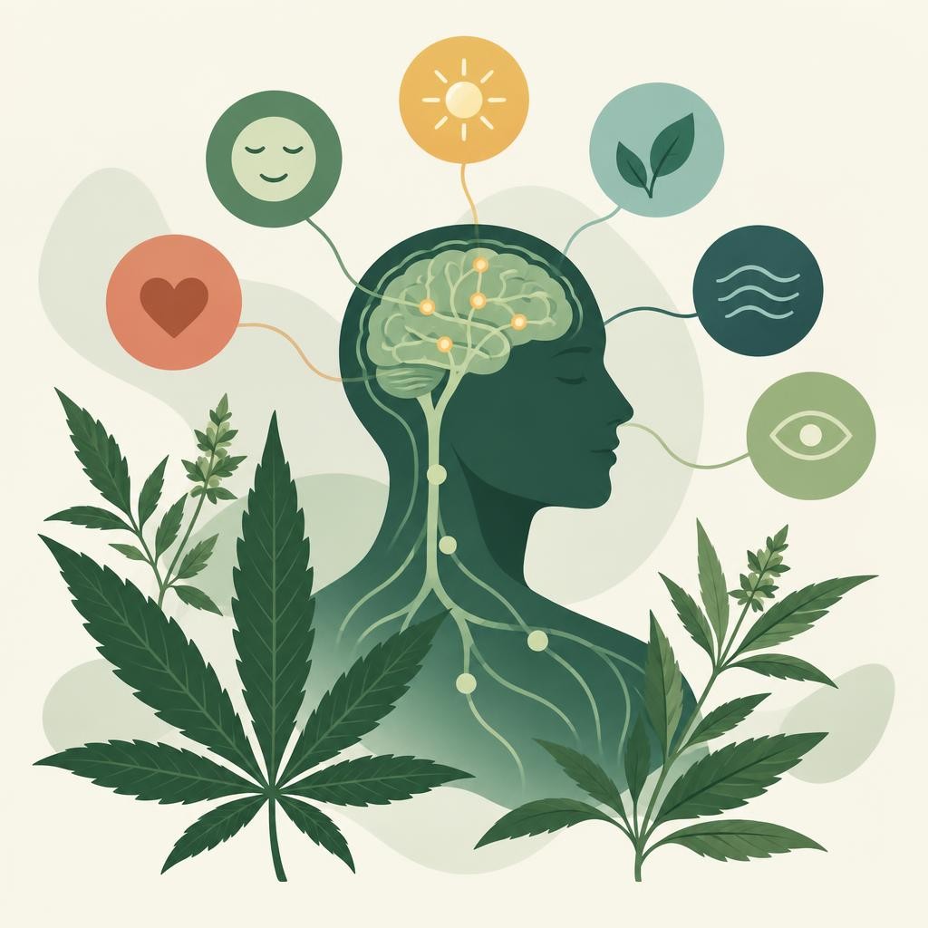 Kopfprofil mit Gehirn, umgeben von Cannabisblättern und Symbolen für Emotionen, Sinne und körperliche Prozesse