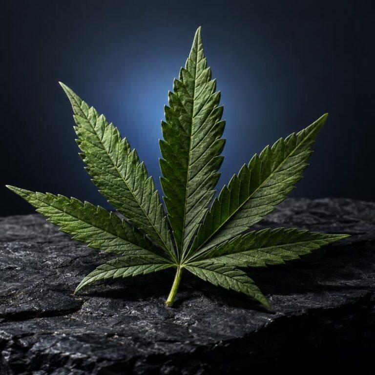 Cannabisgesetz: cannabisblatt mit sieben gezackten Blättchen auf Stein vor dunklem Hintergrund