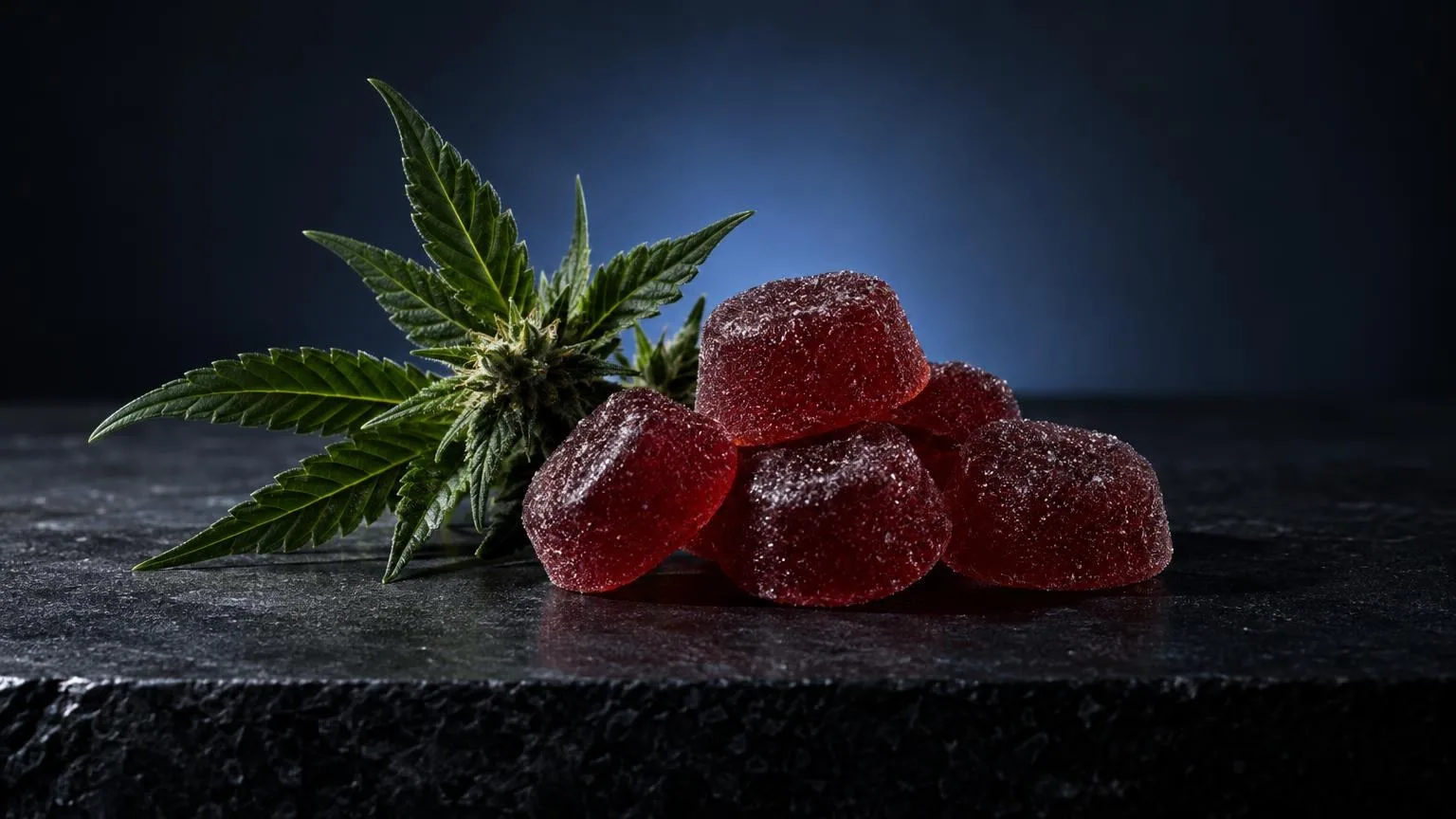 Rote Gummibärchen mit Zuckerüberzug neben grünem Cannabisblatt auf dunklem Untergrund