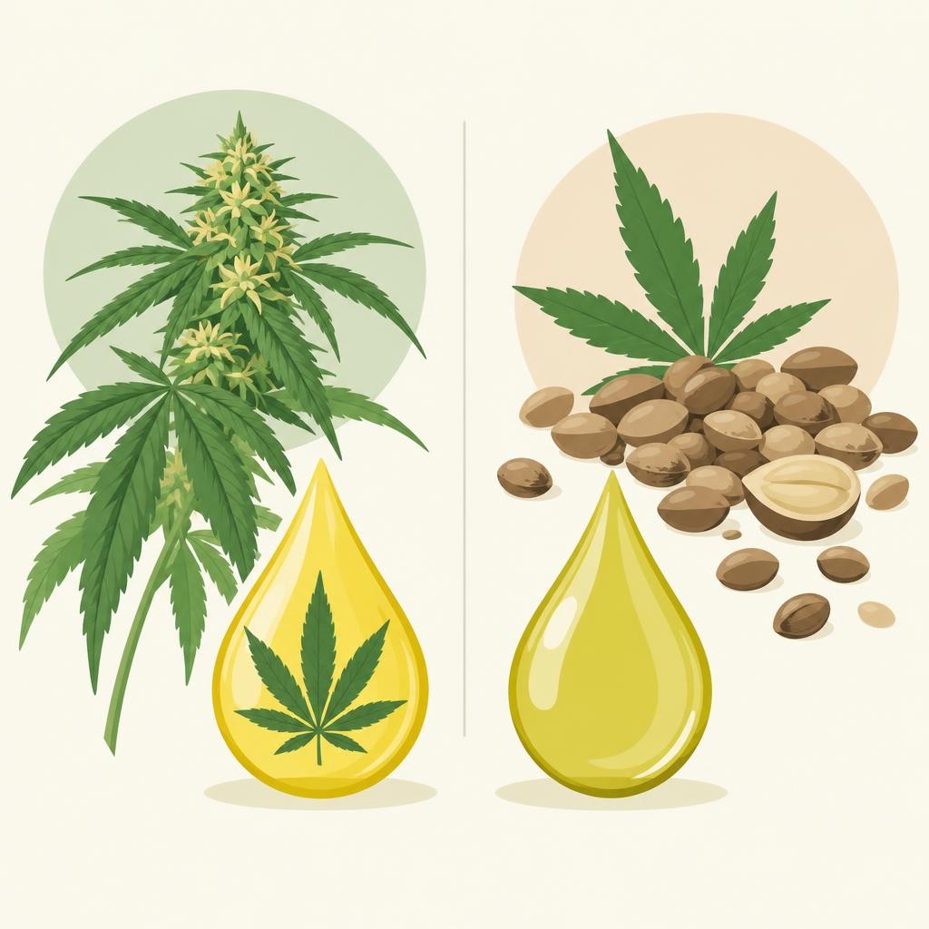 CBD Hanf Öl: links Hanfpflanze mit gelbem Öltropfen, rechts Hanfsamen mit grünem Öltropfen, Unterschied zweier Produkte
