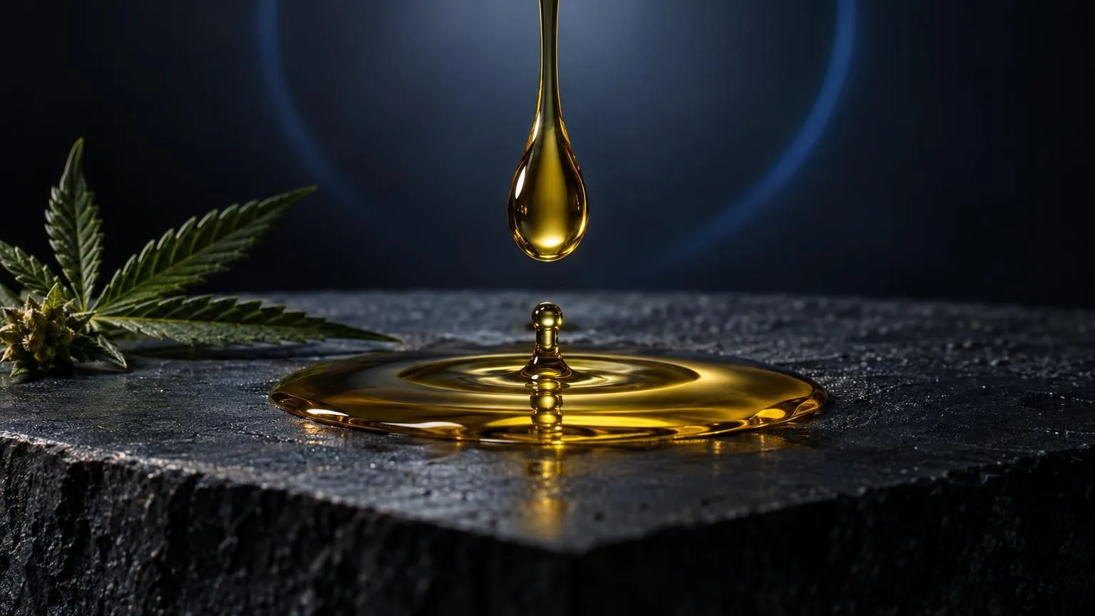 CBD Hanf Öl: goldenes Öl tropft auf eine schwarze Oberfläche neben einem Hanfblatt, Vergleich von Ölprodukten