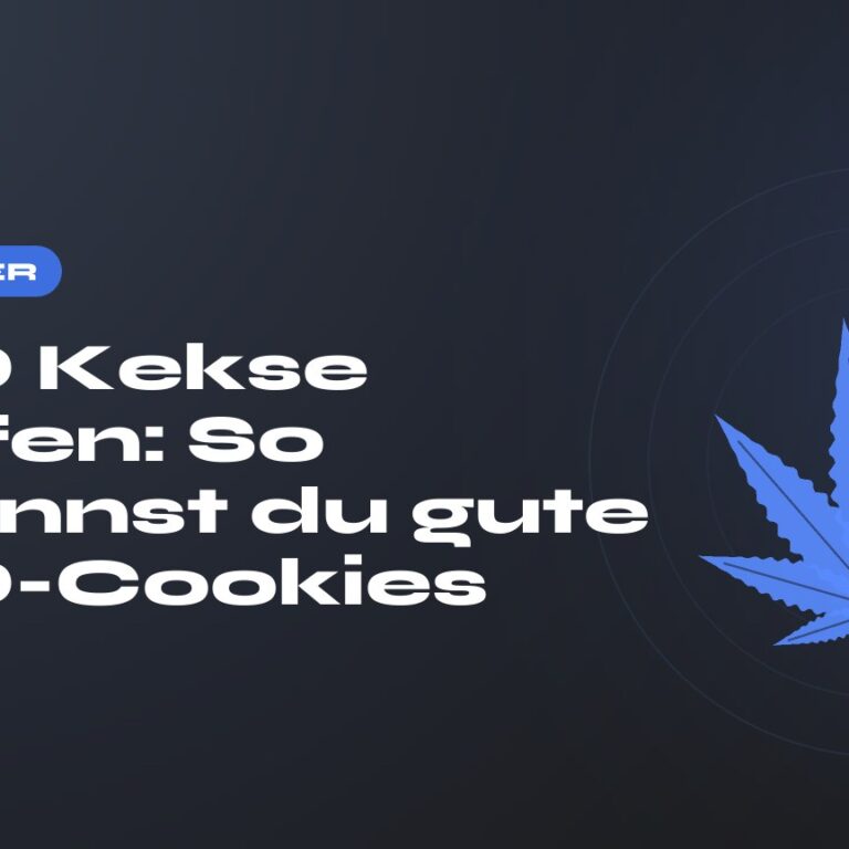 CBD Kekse kaufen: So erkennst du gute CBD-Cookies — Titel auf dunklem Grund, stilisiertes Hanfblatt