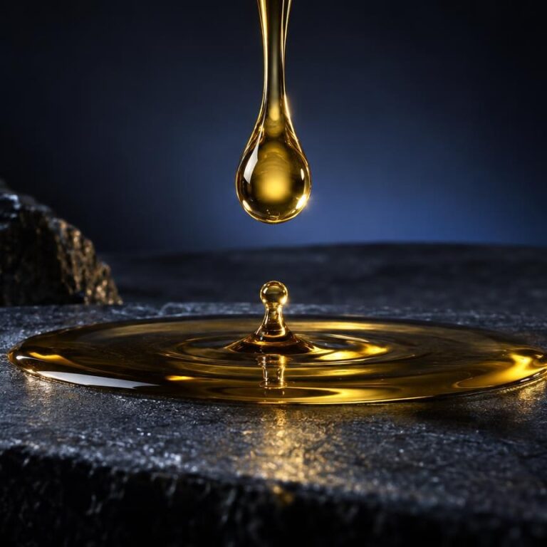 CBD Öl: tropfen goldenes Öl fällt auf dunkle Oberfläche mit Pfütze, minimalistisch inszeniert