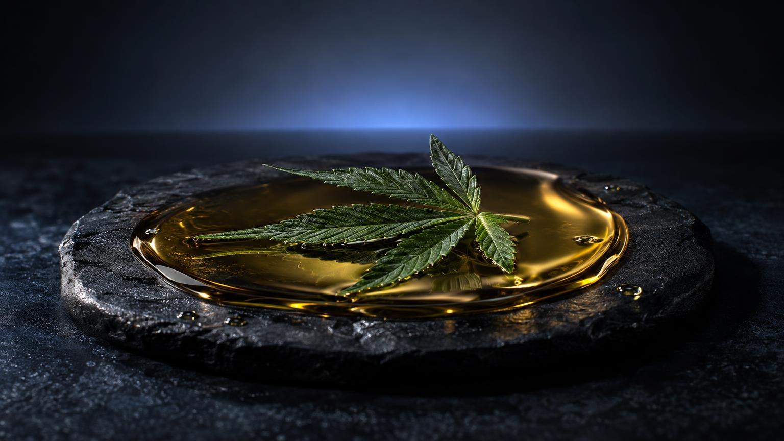 CBD-Ăle kaufen: hanfblatt auf goldenem Ăl in Steinschale, Dunkelheit mit blauem Licht