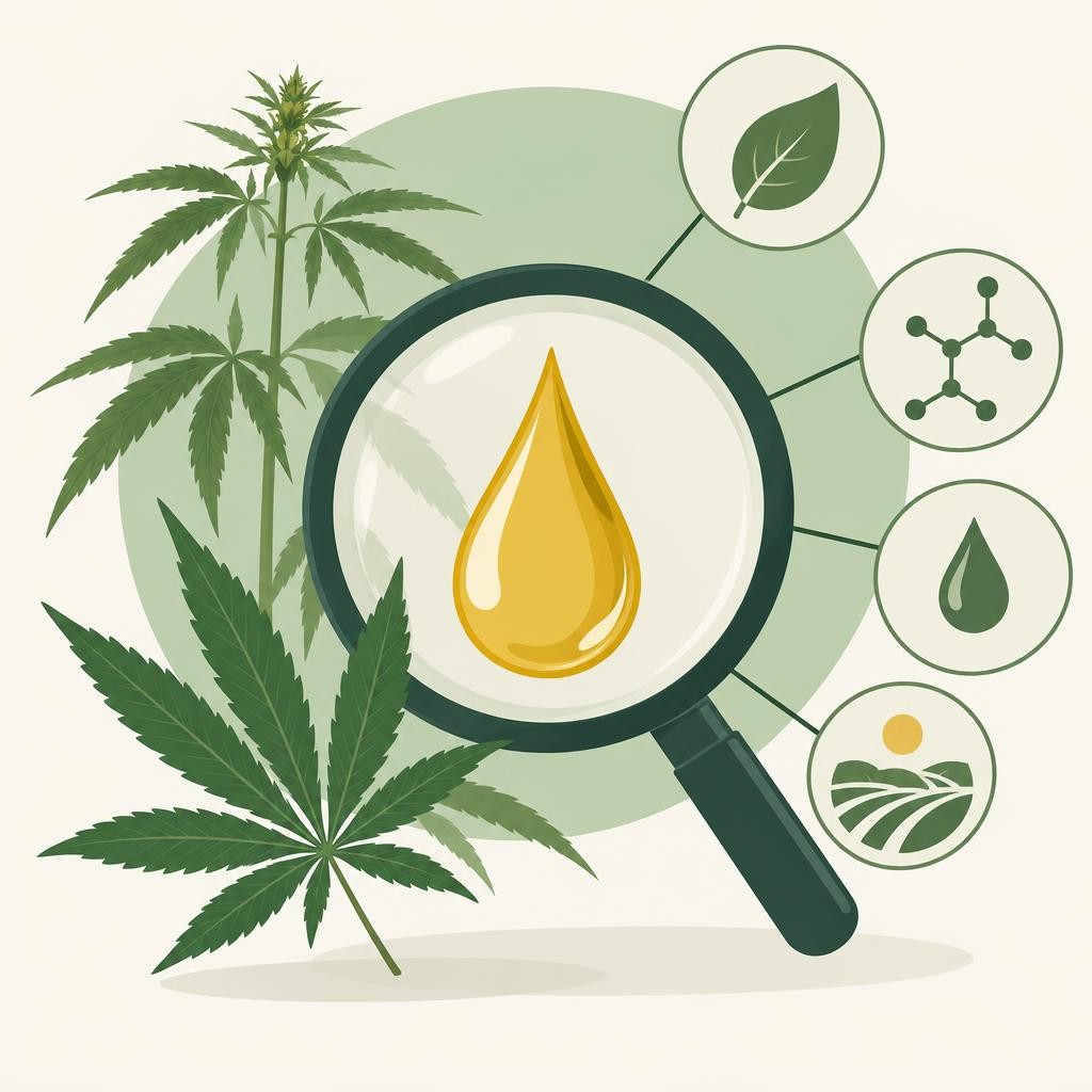 CBD-Ăle kaufen: flache Zeichnung mit Pflanzenmotiven â Woran erkennst du gutes CBD-Ăl beim Kaufen?