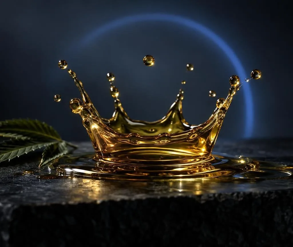 Goldenes Öl spritzt in einer Krone auf dunklem Untergrund neben Hanfblatt, symbolisiert Reinheit und Qualität von CBD-Ölen