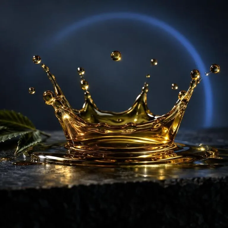 Goldenes Öl spritzt in einer Krone auf dunklem Untergrund neben Hanfblatt, symbolisiert Reinheit und Qualität von CBD-Ölen