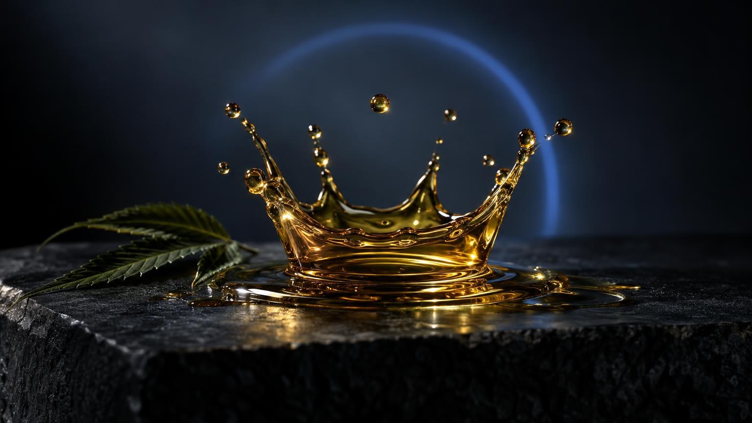 Goldenes Öl spritzt in einer Krone auf dunklem Untergrund neben Hanfblatt, symbolisiert Reinheit und Qualität von CBD-Ölen