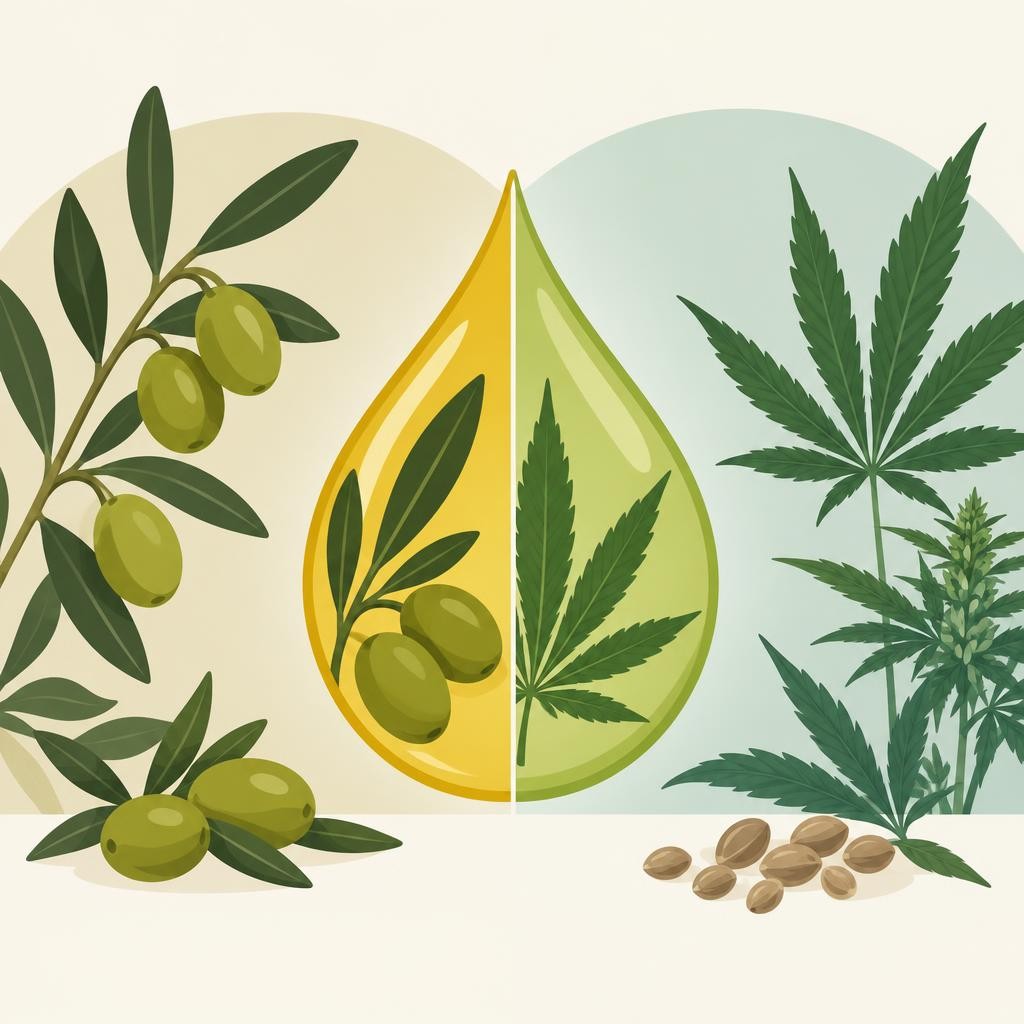 CBD-Olivenöl: tropfen mit Olivenöl und Hanfblättern, Hanfsamen daneben, Vergleich der Trägeröle für CBD-Öl