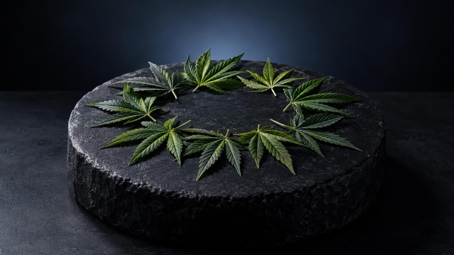 Hanfblätter auf schwarzem Stein arrangiert, zur Einführung in CBD-Produkte und deren verschiedene Formate