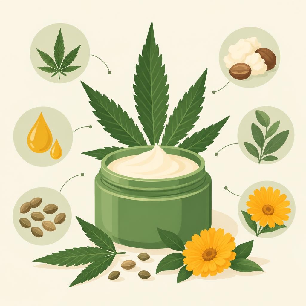 CBD Salbe: grüne Creme mit Hanfblatt und Zutaten wie Öl, Nüsse, Blüten und Blätter ringsum