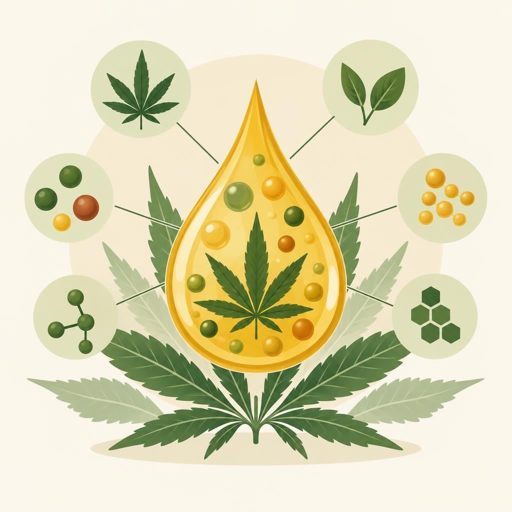 Gelber Öltropfen mit Cannabisblatt und bunten Partikeln, umgeben von Pflanzenblättern und Wirkstoff-Symbolen