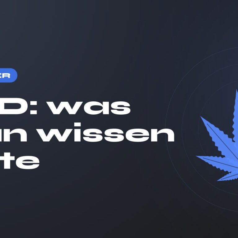 CBD: was man wissen sollte — Titel auf dunklem Grund, stilisiertes Hanfblatt