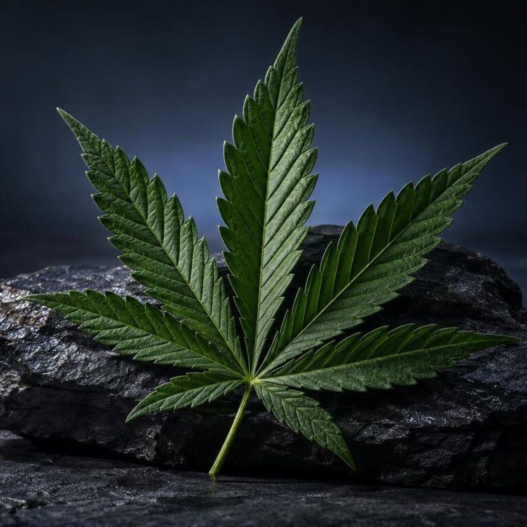 CBN: grünes Cannabisblatt auf dunklem Stein, Symbolbild für natürliche Cannabinoide und ihre Herkunft