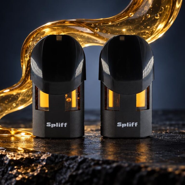 Dab Pen: zwei Magic Pod aus grauem Kunststoff mit schwarzen Deckeln, golden glänzendes Konzentrat fließt darüber