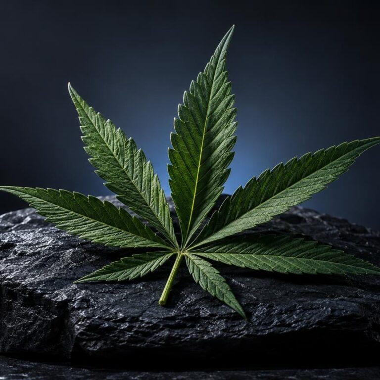 Cannabisblatt mit sieben Fingern auf dunklem Stein, Nahaufnahme zur Einführung in Delta-9-THC