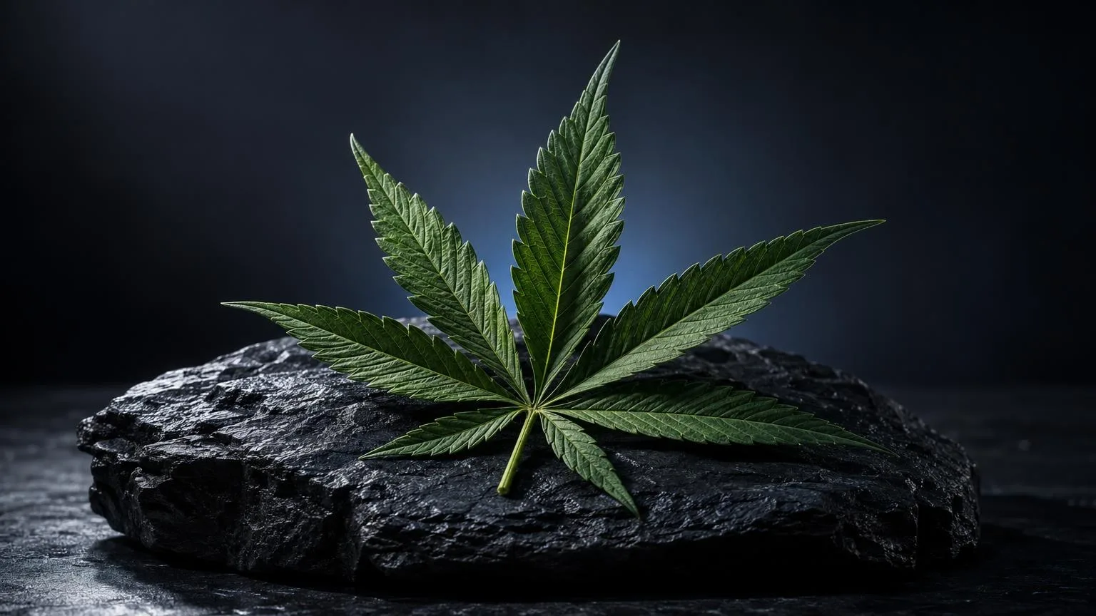 Cannabisblatt mit sieben Fingern auf dunklem Stein, Nahaufnahme zur Einführung in Delta-9-THC