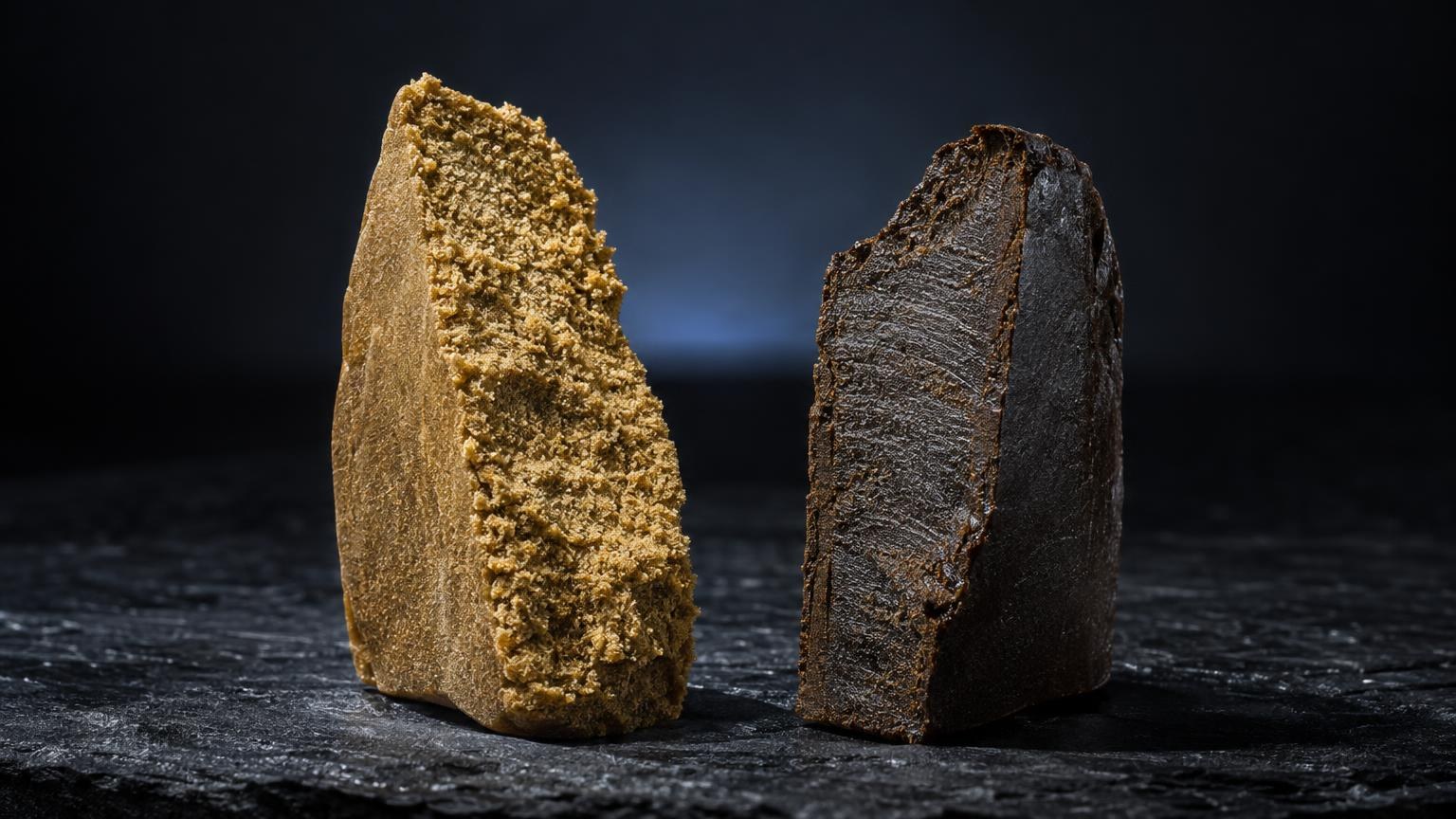 Dry Sift Hash: goldenes und dunkelbraunes Pulverkonzentrat nebeneinander, Vergleich von Herstellungsverfahren