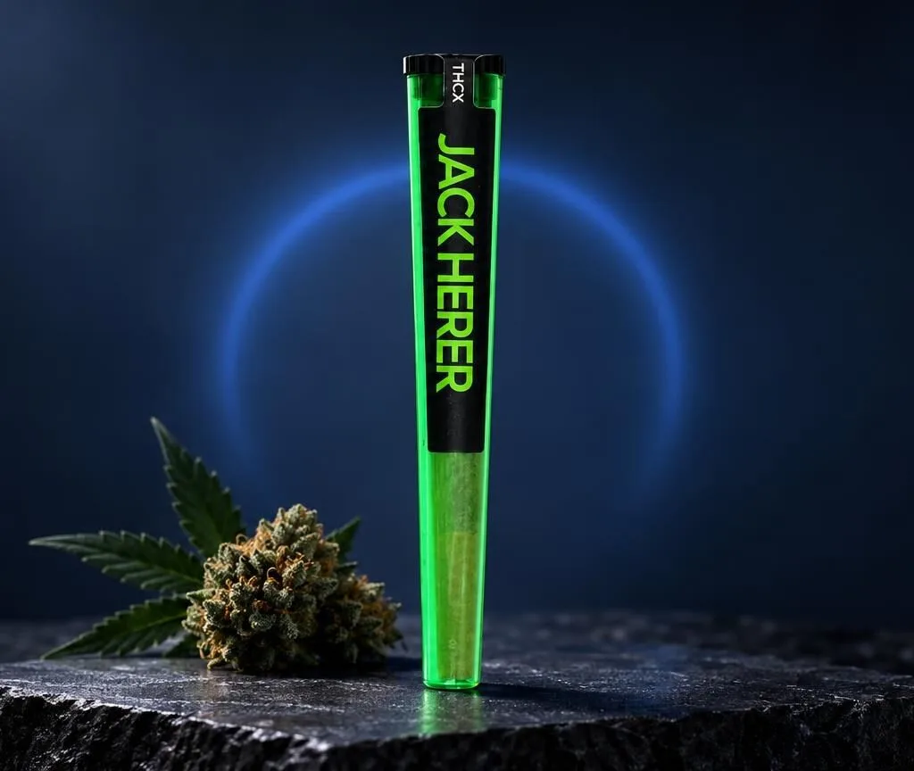 Grüner Pre-Roll aus Kunststoff mit schwarzer Aufschrift auf dunklem Untergrund neben Cannabisblüte, E-Joint Technologie