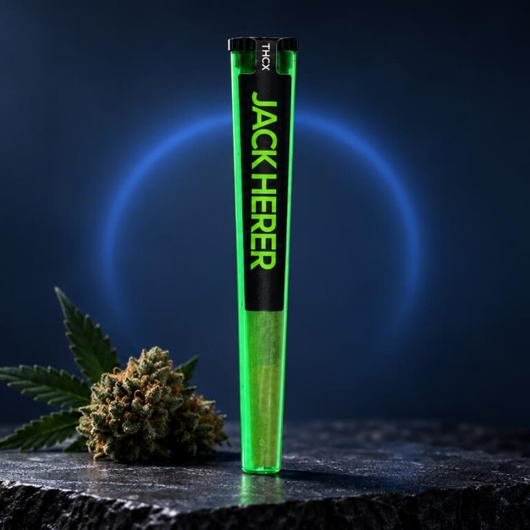 Grüner Pre-Roll aus Kunststoff mit schwarzer Aufschrift auf dunklem Untergrund neben Cannabisblüte, E-Joint Technologie