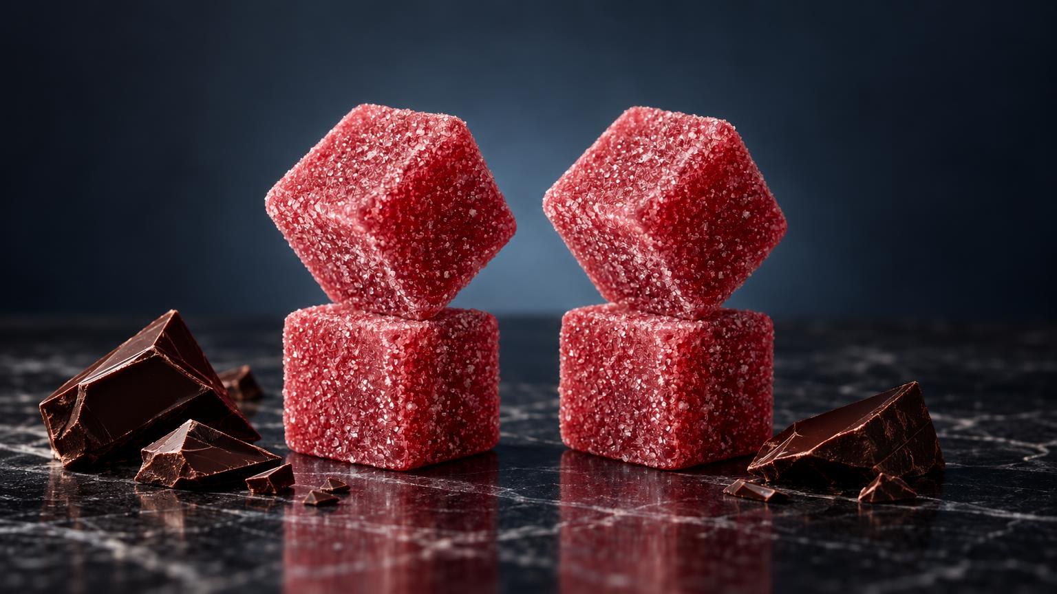 Edibles Oil: rote würfelförmige Bonbons mit Zuckerkristallen überzogen neben Schokoladenstücken auf dunklem Untergrund