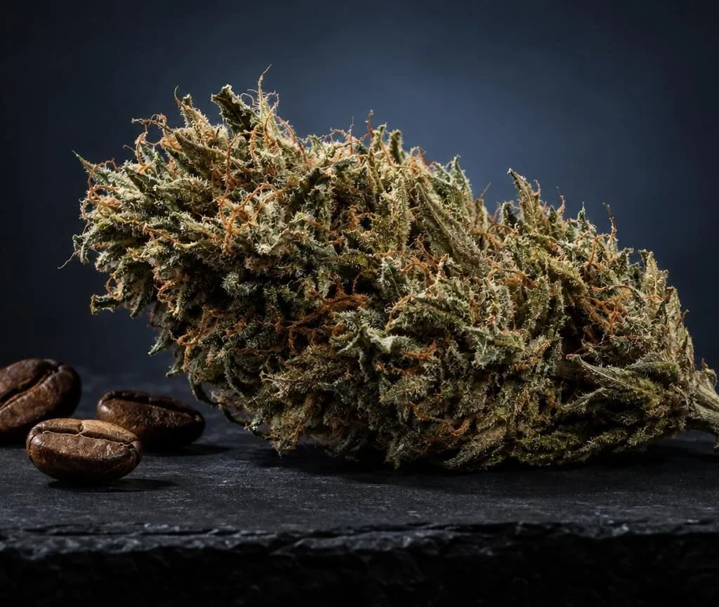Getrocknete Cannabisblüte mit feinen Trichomen neben braunen Samen auf dunklem Untergrund