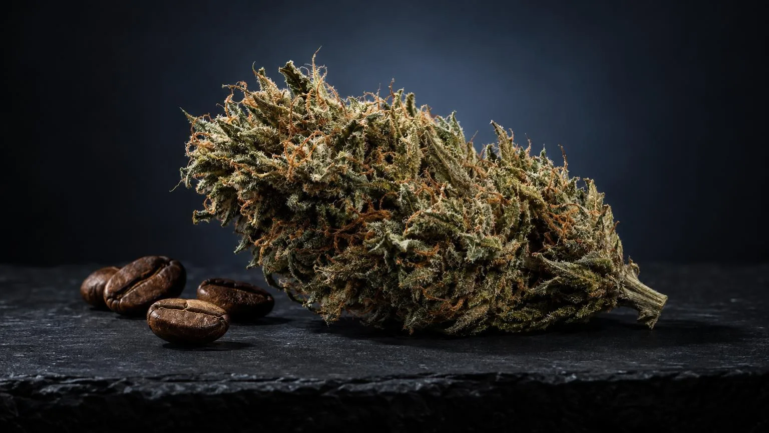 Frozen Weed: getrocknete Cannabisblüte mit feinen Trichomen neben braunen Samen auf dunklem Untergrund