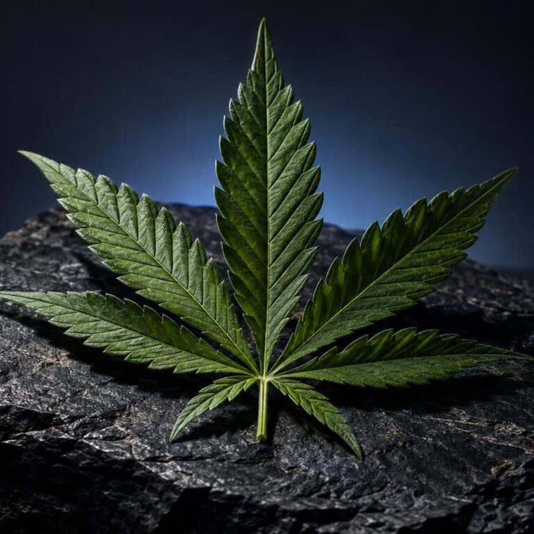 Cannabisblatt mit neun Fingern auf dunklem Stein vor blauem Hintergrund, symbolisiert die Pflanzenbasis von Haschisch