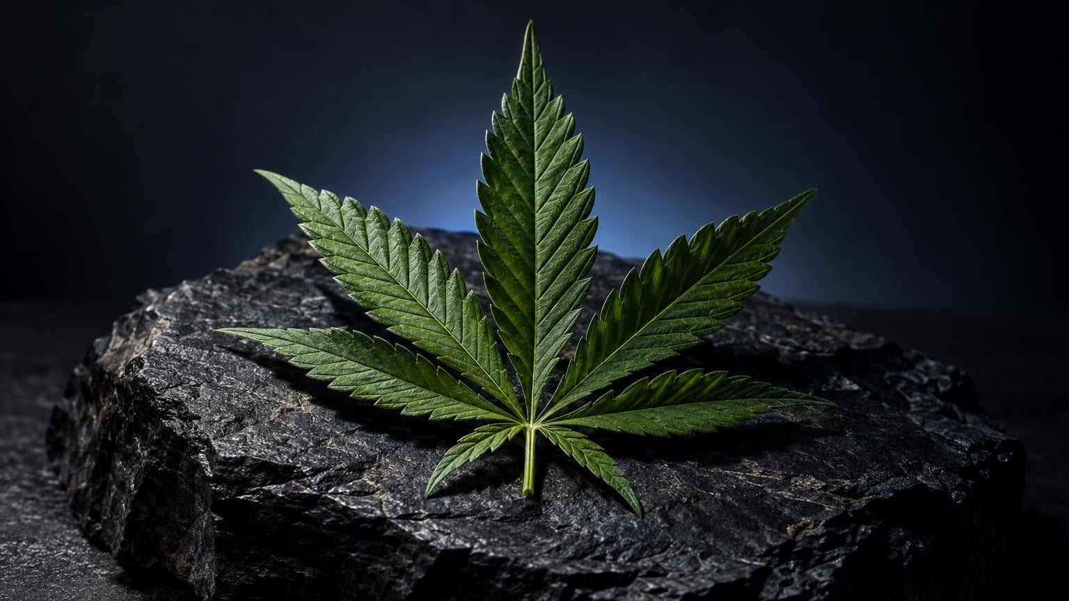 Cannabisblatt mit neun Fingern auf dunklem Stein vor blauem Hintergrund, symbolisiert die Pflanzenbasis von Haschisch