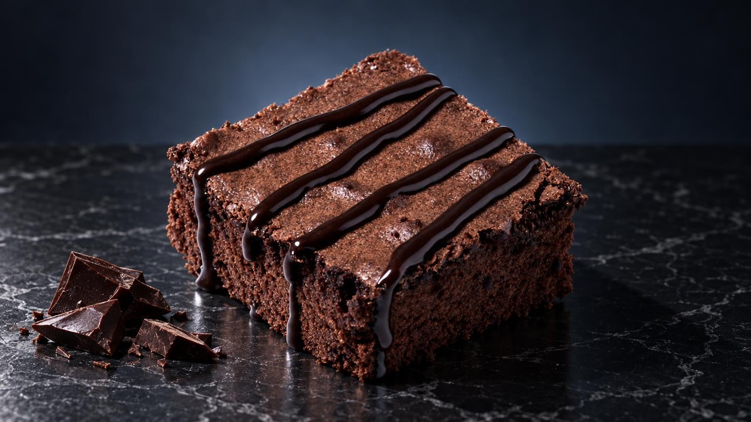 Hash Brownie kaufen: quadratisches Schokoladenbrownie mit dunkler Glasur auf schwarzer Oberfläche, daneben Schokoladenstücke